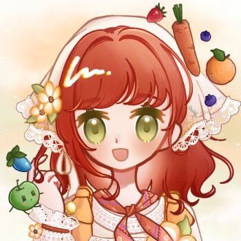 1girl apple blueberry brooch carrot country_lolita dot_nose eyelashes floral_print flower flower_brooch food food-themed_creature frilled_sleeves frills fruit green_apple green_eyes hair_flower hair_intakes hair_ornament hair_ribbon happy headscarf heimaoyangchengzhibei highres infinity_nikki jewelry junimo lace-trimmed_headwear lace_trim leaf light_blush light_particles lolita_fashion long_sleeves medium_hair neckerchief nikki_(series) open_mouth orange_(fruit) orange_flower orange_neckerchief print_headwear print_neckerchief puffy_long_sleeves puffy_sleeves red_hair ribbon shirt sleeves_past_wrists smile solo stardew_valley stardew_valley_encounter_(infinity_nikki) strawberry twirling_hair upper_body wavy_hair white_headscarf white_ribbon white_shirt yellow_background yellow_flower