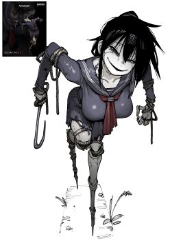 Rule 34 | 1girl, absurdres, ayakakashi, black hair, breasts, creepy, creepy smile, female focus, highres, karasu raven, large breasts, looking at viewer, monster, monster girl, no feet, sailor collar, scarecrow, school uniform, shiny clothes, silent hill, silent hill (series), silent hill f, smile, smiley face, solo, solo focus