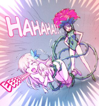 2girls bdsm black_hair blonde_hair boku_wa_tomodachi_ga_sukunai bound breasts butterfly_hair_ornament closed_eyes collarbone english_text falling fang flower flower_on_head full_body green_leotard hair_ornament hand_on_own_hip highres kashiwazaki_sena large_breasts legs_apart leotard long_hair mikazuki_yozora monster_girl multiple_girls nude official_artist_extra open_mouth plant plant_girl purple_eyes small_breasts smile standing thighs thorns vines watanabe_yoshihiro yuri