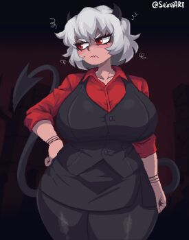 1girl annoyed black_horns black_tail black_vest breasts closed_mouth cowboy_shot curvy demon_girl demon_horns demon_tail full_body helltaker highres horns large_breasts looking_at_viewer malina_(helltaker) pantyhose pixel_art red_eyes red_shirt seireiart shirt short_hair simple_background solo standing tail thick_thighs thighs vest waistcoat white_hair