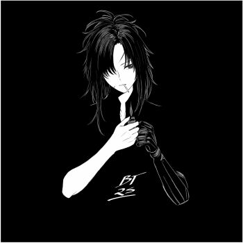 1girl absurdres angelia_(girls'_frontline) black_background black_hair cigarette elitesnakeeyes girls'_frontline hair_over_one_eye highres holding holding_cigarette holding_lighter kino_(band) lighter lighting_cigarette mechanical_arms monochrome mouth_hold signature single_mechanical_arm smoking solo victor_tsoi