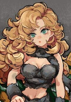 1girl aqua_eyes ayla_(chrono_trigger) blonde_hair blush breasts chrono_trigger fur_(clothing) grey_background hand_on_own_hip highres long_hair medium_breasts midriff signature upper_body uzutanco wristband