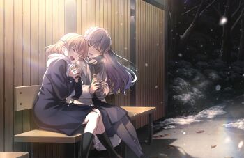 2girls :d ^_^ black_coat black_pantyhose black_skirt black_socks bottle braid breath brown_scarf closed_eyes coat crown_braid game_cg hair_ornament hasu_no_sora_school_uniform highres hinoshita_kaho holding holding_bottle link!_like!_love_live! location_request love_live! medium_hair medium_skirt multiple_girls night non-web_source official_art on_bench open_mouth orange_hair otomune_kozue otomune_kozue_(post-graduation) outdoors pantyhose purple_hair rabbit_hair_ornament real_world_location scarf school_uniform sidelocks sitting skirt smile snow snowing socks two_side_up virtual_youtuber white_scarf winter winter_uniform