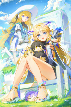 +_+ 2girls absurdres bare_legs black_bow black_collar black_dress black_gloves black_hair blonde_hair blue_eyes blue_sash blue_sky bow cantarella_(wuthering_waves) cartethyia_(wuthering_waves) collar commentary_request crown_of_thorns day dl_(dl_6ix) dress earrings feet female_rover_(wuthering_waves) fleurdelys_(wuthering_waves) gloves hair_bow hair_ornament hand_puppet hat highres jewelry knees_together_feet_apart legs long_hair long_sleeves looking_at_viewer male_rover_(wuthering_waves) multiple_girls open_mouth pantyhose parted_bangs parted_lips phoebe_(wuthering_waves) pointy_ears puppet remnant_cube_(wuthering_waves) rover_(wuthering_waves) sandals sash shirt skirt sky smile tabard tacet_mark_(wuthering_waves) teeth thighs toes upper_teeth_only very_long_hair white_hat white_pantyhose white_shirt white_skirt white_tabard wuthering_waves x_hair_ornament yellow_eyes