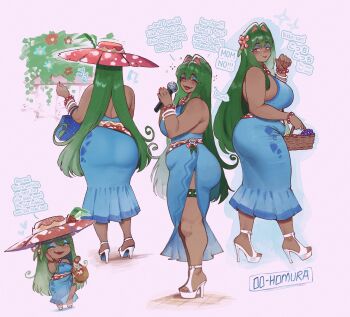 Rule 34 | 1girl, animal ears, ara-ara venusaur, ass, bare arms, bare shoulders, basket, blue dress, blue eyeshadow, blush, breasts, cleavage, commentary, curvy, dark-skinned female, dark skin, dress, english commentary, english text, eyeshadow, from behind, from side, fruit basket, full body, gen 1 pokemon, green hair, hair intakes, hat, hawaiian clothes, highres, holding, holding basket, holding microphone, huge ass, kemonomimi mode, large breasts, looking at viewer, makeup, mature female, microphone, multiple girls, multiple views, nintendo, nyantcha, open mouth, personification, plump, pokemon, pokemon pokopia, red eyes, red hat, smile, standing, thick arms, venusaur, wide brim