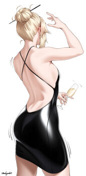 1girl ass back black_dress blonde_hair breasts cup dress drinking_glass fate/grand_order fate_(series) from_behind hair_bun highres mordred_(fate) short_hair small_breasts solo zealyush