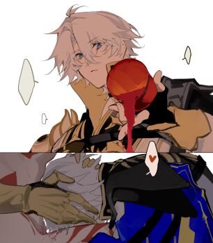 Rule 34 | 2boys, antenna hair, armor, black choker, black gloves, black shirt, blue eyes, chinese commentary, choker, clawed gauntlets, coat, commentary request, cup, fingerless gloves, gloves, hands on another's head, heart, highres, holding, holding cup, honkai: star rail, honkai (series), implied fellatio, leg tattoo, male focus, multiple boys, mydei (honkai: star rail), neck tattoo, parted bangs, pauldrons, phainon (honkai: star rail), pouring, red tattoo, shirt, short hair, shoulder armor, shuangluozhifenghua, single pauldron, spoken heart, stomach tattoo, sun symbol, sun tattoo, tan, tattoo, white coat, white hair, yaoi