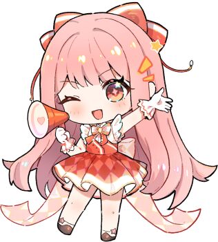 +_+ 1girl argyle_bow argyle_clothes argyle_skirt back_bow bare_legs bare_shoulders beads bow bowtie brooch brown_eyes brown_shoes cherilynorz chibi chinese_commentary collared_shirt commentary_request dress_shirt eyelashes floral_memory_(infinity_nikki) frilled_gloves frilled_shirt frills gloves hair_bow happy heart high-waist_skirt highres holding holding_megaphone infinity_nikki jewelry kfc light_blush long_hair looking_at_viewer megaphone miniskirt nikki_(nikki) nikki_(series) notice_lines official_alternate_color one_eye_closed open_mouth outstretched_arm pink_bow pink_hair pleated_skirt red_bow red_bowtie red_skirt shirt shoes single_stripe skirt sleeveless sleeveless_shirt smile socks solo sparkling_eyes standing star_(symbol) star_in_eye straight_hair striped_bow striped_bowtie striped_clothes symbol_in_eye tareme transparent_background variant_set very_long_hair white_gloves white_shirt white_socks