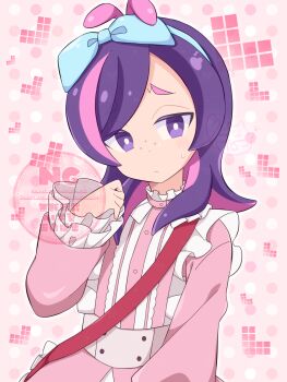 1girl antenna_hair blue_hairband bow_hairband bright_pupils buttons closed_mouth commentary_request dot_(pokemon) dress hairband hand_up highres knkn_koneko long_hair long_sleeves nintendo pink_dress pokemon pokemon_(anime) pokemon_horizons purple_eyes purple_hair raised_inner_eyebrows solo strap sweatdrop watermark white_pupils