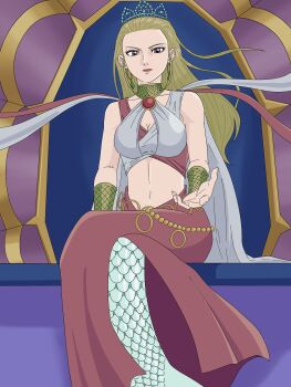 1girl blonde_hair breasts cape cleavage cleavage_cutout clothing_cutout crown dragon_quest dragon_quest_xi earrings eyelashes highres jewelry large_breasts lips long_hair mermaid monster_girl nicolu purple_eyes queen selen_(dq11) solo throne tiara