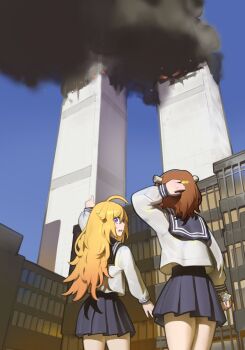 Rule 34 | 2girls, 9/11, absurdres, ahoge, antlers, arm up, blonde hair, blue sailor collar, blue skirt, brown hair, central intelligence agency, chevron (symbol), city, commentary, cowboy shot, deer antlers, english commentary, from behind, hand on own head, highres, holding, horns, koshi torako, long hair, long sleeves, multiple girls, open mouth, outdoors, pacpoi, pointing, purple eyes, sailor collar, scared, school uniform, serafuku, shikanoko noko, shikanoko nokonoko koshitantan, shirt, short hair, skirt, smoke, very long hair, white shirt, world trade center