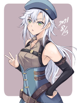 1girl belt_pouch beret black_sleeves breasts commentary_request curtained_hair eiyuu_densetsu fie_claussell green_eyes hat kagura_yuuto kuro_no_kiseki_(series) looking_at_viewer open_mouth pouch sen_no_kiseki sen_no_kiseki_(series) sen_no_kiseki_ii simple_background small_breasts v white_hair