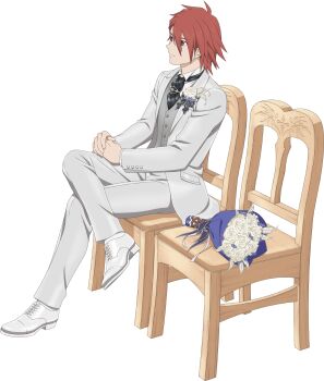 Rule 34 | 1boy, artist request, black necktie, bouquet, brown eyes, chair, closed mouth, crossed legs, flower, formal clothes, full body, game cg, highres, kratos aurion, looking afar, medium hair, necktie, official alternate costume, official art, on chair, own hands together, pants, red hair, rose, shoes, sitting, solo, suit, tales of (series), tales of asteria, tales of symphonia, third-party source, transparent background, wedding, wedding suit, white flower, white pants, white rose, white shoes, white suit, wooden chair