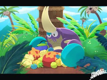 absurdres alolan_exeggutor alolan_form aspear_berry berry_(pokemon) blue_sky cloud commentary_request crabrawler day fangs fern food fruit gen_7_pokemon grass highres iapapa_berry letterboxed nintendo no_humans open_mouth oran_berry outdoors palm_tree pinap_berry pokemon pokemon_(creature) pokemon_focus sakanagi_(a_r_co) signature sitrus_berry sky smile solo_focus sprout tree