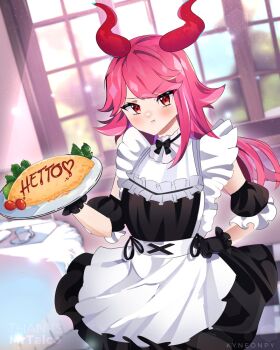 1girl alternate_costume apron artist_name black_dress blush commentary demon_girl demon_horns detached_horns dress enmaided food food_writing frilled_dress frills from_behind hair_flaps hetto_(vtuber) highres holding holding_plate horns indoors kyneonpy light_particles light_rays long_hair maid maid_day omelet omurice owozu pink_hair plate pout red_eyes red_horns sunbeam sunlight tray v-shaped_eyebrows virtual_youtuber waist_apron white_apron window