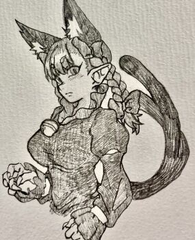 Rule 34 | 1girl, animal ears, bell, breasts, cat ears, cat girl, cat tail, closed mouth, commentary request, extra ears, greyscale, highres, juliet sleeves, kaenbyou rin, long sleeves, looking at viewer, monochrome, multiple tails, neck bell, pointy ears, puffy sleeves, solo, tail, tenkatorouze, touhou, traditional media, two tails, upper body