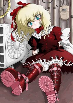 1girl black_shirt blonde_hair bloomers blue_eyes boots bow doll_joints highres joints kouunaibennki looking_at_viewer medicine_melancholy on_floor red_boots red_bow red_ribbon red_skirt ribbon shirt short_hair skirt touhou underwear