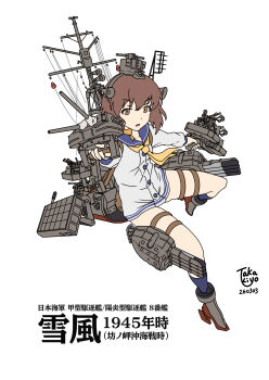 Rule 34 | 1girl, absurdres, blue sailor collar, brown eyes, brown hair, commentary request, dress, headgear, highres, kantai collection, neckerchief, rigging, sailor collar, short hair, simple background, solo, speaking tube headset, takakiyo (nk1109r), white background, white dress, yellow neckerchief, yukikaze (kancolle)