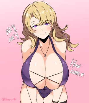 1girl absurdres artist_name blonde_hair bracelet breasts closed_mouth commentary cowboy_shot eiyuu_densetsu english_commentary english_text gradient_background highres huge_breasts jewelry kuro_no_kiseki kuro_no_kiseki_(series) kuro_no_kiseki_ii leaning_forward light_blush long_hair lucrezia_isselee mature_female mole mole_under_mouth necklace one-piece_swimsuit parted_bangs pendant pink_background purple_eyes purple_one-piece_swimsuit simple_background smile solo standing stormowl0 swept_bangs swimsuit twitter_username upper_body
