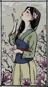 1girl animification asian black_hair brown_eyes chinese_clothes dress fa_mulan_(disney) flower hanfu highres long_hair makeup masso mulan_(movie) short_hair solo tagme