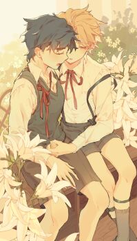 2boys aged_down bench black_shorts blonde_hair blue_hair blue_sweater_vest blue_vest blush bow bowtie brown_shorts bush censored child closed_eyes collared_shirt day dio_brando eyelashes feet_out_of_frame field fingernails flower flower_field garter_straps grey_socks half-closed_eyes handjob holding ibex jojo_no_kimyou_na_bouken jonathan_joestar kneehighs legs_together lily_(flower) long_sleeves looking_at_penis male_focus moaning mosaic_censoring multiple_boys neck_ribbon off_shoulder open_mouth outdoors pale_color parted_lips penis penis_grab petals phantom_blood plant precum red_ribbon ribbon school school_uniform shirt shoes short_hair shorts shota sitting socks suspender_shorts suspenders suspenders_slip sweater_vest teeth time_paradox vest white_flower white_shirt wing_collar wooden_floor yaoi yellow_eyes