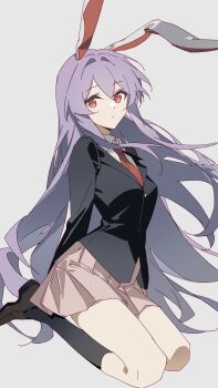 1girl :| animal_ears black_jacket black_socks blazer brown_shoes closed_mouth commentary dress_shirt highres jacket kneehighs legs_folded loafers long_hair long_sleeves looking_at_viewer miniskirt necktie pink_skirt pleated_skirt purple_hair rabbit_ears rabbit_girl red_eyes red_necktie reisen_udongein_inaba shirt shoes simple_background skirt socks solo straight_hair touhou very_long_hair white_shirt wuliwuli909
