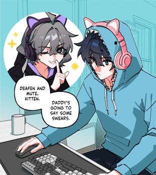Rule 34 | 1boy, 1girl, ahoge, animal ear headphones, animal ears, animal hood, black eyes, blue eyes, blue hair, blue hoodie, cat ear headphones, cat ears, closed mouth, commentary, computer keyboard, computer mouse, cup, double-parted bangs, dreamycakesss, english commentary, english text, fake animal ears, grey hair, hair between eyes, headphones, highres, hood, hood up, hoodie, long sleeves, mug, one eye closed, open mouth, original, shark hood, short hair, smile, speech bubble, talking