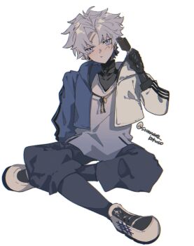 Rule 34 | 1boy, ageta morokoshi, black pants, blue eyes, blue jacket, fate/grand order, fate (series), food, full body, grey hair, highres, holding, holding food, holding ice cream, hood, hood down, hooded jacket, ice cream, ice cream bar, jacket, male focus, multicolored jacket, open clothes, open jacket, pants, pout, prosthesis, prosthetic arm, scar, scar on face, scar on forehead, shoes, sitting, solo, toudou heisuke (fate), triple vertical stripe, turtleneck, twitter username, two-tone jacket, undershirt, white background, white jacket, white shoes