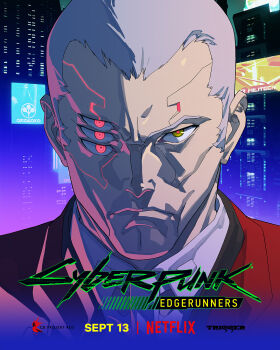 1boy cd_projekt_red copyright_name cyberpunk:_edgerunners cyberpunk_(series) faraday_(cyberpunk) highres looking_at_viewer netflix red_eyes serious solo trigger_(company)