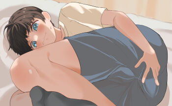 1boy anus anus_visible_through_clothes aqua_eyes ass ass_focus bed bedroom black_hair black_socks blue_eyes blue_shorts blush brown_hair elementary_school_age embarrassed feet fetal_position foot_focus hand_on_own_ass highres huge_ass knees kurinsyosyo2003 leg_focus legs lying male_focus messy_hair nervous on_bed on_side original perineum shirt short_hair short_sleeves shorts shota socks solo solo_focus spread_anus sweat t-shirt wavy_mouth yellow_shirt