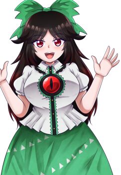 1girl :d bow breasts brown_hair buttons collared_shirt commentary cowboy_shot english_commentary green_bow green_skirt hair_bow hands_up highres light_blush long_hair looking_at_viewer medium_breasts open_mouth parted_bangs puffy_short_sleeves puffy_sleeves red_eyes reiuji_utsuho seireiart shirt short_sleeves simple_background skirt smile solo standing teeth third_eye_on_chest touhou upper_teeth_only waving waving_hands white_background white_shirt