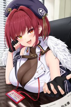 1girl black_bra blurry blurry_foreground blush bodystocking bra breasts fang heterochromia highres hololive houshou_marine id_card indoors large_breasts omio open_mouth red_eyes red_hair see-through_cleavage see-through_clothes short_hair skin_fang solo underwear veil virtual_youtuber white_veil yellow_eyes