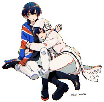 2girls biohazard_symbol black_boots black_hair black_shirt black_shoes boots coat dual_persona highres hug hurika800 knee_up long_sleeves multiple_girls multiple_reverse_traps neckerchief open_clothes open_coat pants rei_shimobe reverse_trap shirt shoes short_hair shuten_order simple_background sitting smile sweatdrop twitter_username white_background white_coat white_neckerchief white_pants white_shirt yellow_eyes