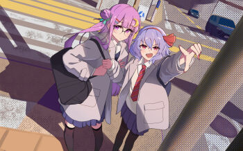 Rule 34 | 2girls, absurdres, alternate costume, bag, black bag, black pantyhose, black thighhighs, blue skirt, car, chinese commentary, collared shirt, commentary request, contemporary, crescent, crescent hair ornament, diagonal-striped clothes, diagonal-striped necktie, forestrylam, glasses, grey jacket, hair bun, hair ornament, hairband, highres, jacket, long hair, missing wings, motor vehicle, multiple girls, necktie, open clothes, open jacket, open mouth, outdoors, pantyhose, patchouli knowledge, pink nails, pleated skirt, purple eyes, purple hair, red hairband, red necktie, remilia scarlet, road, round eyewear, school uniform, shadow, shirt, single hair bun, skirt, striped clothes, striped necktie, thighhighs, touhou, very long hair, white shirt