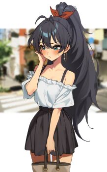1girl absurdres antenna_hair bag bare_shoulders belt black_hair black_skirt blue_eyes blurry blurry_background blush bow breasts brown_bag cityscape commentary cowboy_shot day earrings frilled_shirt frills furrowed_brow ganaha_hibiki hair_between_eyes hair_bow hand_up high_ponytail highres holding holding_bag hoop_earrings idolmaster idolmaster_(classic) jewelry legs_apart long_hair medium_breasts miniskirt off-shoulder_shirt off_shoulder outdoors ponytail red_bow shirt shirt_tucked_in short_sleeves sillon skirt small_sweatdrop solo sparkle standing straight_hair white_background white_shirt