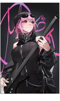 Rule 34 | 1girl, absurdres, anniversary, beanie, black background, black bodysuit, black jacket, black jumpsuit, blunt bangs, bodysuit, border, breasts, cleavage, electric guitar, guitar, hat, headphones, headphones around neck, highres, holding, holding guitar, holding instrument, hololive, hololive english, instrument, jacket, jumpsuit, large breasts, long sleeves, looking at viewer, mori calliope, mori calliope (the story thus far), music, official alternate costume, official alternate hairstyle, pink eyes, pink hair, playing guitar, playing instrument, quilted jacket, rikuje, short hair, simple background, sleeveless jumpsuit, smile, solo, two-sided fabric, two-sided jacket, virtual youtuber, white border, wolf cut