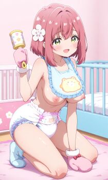 1girl 2026 abdl bib breasts diaper flower green_eyes hanazono_hakari highres kimi_no_koto_ga_dai_dai_dai_dai_daisuki_na_100-nin_no_kanojo large_breasts looking_at_viewer navel nipples pink_hair rattle short_hair solo