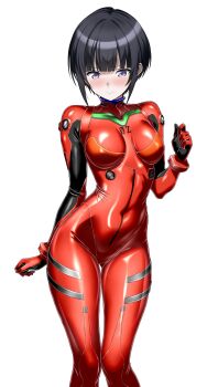 Rule 34 | 1girl, black hair, bodysuit, breasts, commentary request, cosplay, covered navel, cyborg-institute, highres, idolmaster, idolmaster cinderella girls, impossible bodysuit, impossible clothes, mecha pilot suit, medium breasts, neon genesis evangelion, plugsuit (evangelion), purple eyes, red bodysuit, shiny clothes, shirayuki chiyo, short hair, skin tight, solo, souryuu asuka langley, souryuu asuka langley (cosplay), standing, very short hair, white background
