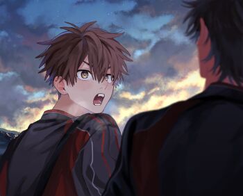 2boys ace_of_diamond blush brown_hair cloud commentary_request evening fangs hair_between_eyes highres looking_at_another male_focus miyuki_kazuya multiple_boys open_mouth rinnu02 sawamura_eijun seidou_high_school_jacket short_hair sky star_(sky) teeth tongue upper_body v-shaped_eyebrows yellow_eyes