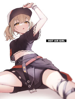 1girl azusawa_kohane belt black_nails commentary highres kokonotsu_9 midriff project_sekai short_twintails sitting symbol-only_commentary twintails