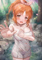 Rule 34 | 1girl, abe nana, absurdres, blush, breasts, cherry blossoms, cleavage, collarbone, commentary request, covered navel, falling petals, flying sweatdrops, highres, idolmaster, idolmaster cinderella girls, large breasts, long hair, looking at viewer, naked towel, onsen, orange hair, outdoors, petals, ponytail, reaching, reaching towards viewer, rock, solo, standing, towel, wari sando, wet towel, white towel