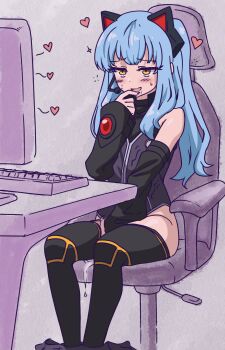 1girl absurdres animal_ears bare_shoulders between_legs black_sleeves black_thighhighs blue_hair blush cat_ears chair commentary computer computer_keyboard detached_sleeves drooling eiyuu_densetsu english_commentary fake_animal_ears female_masturbation fingering hand_between_legs headset heart highres indoors leotard long_hair long_sleeves masturbation microphone monitor myuk no_panties office_chair on_chair open_mouth pussy_juice saliva sitting skirt smile solo sweat swivel_chair thighhighs thighs tio_plato yellow_eyes zero_no_kiseki