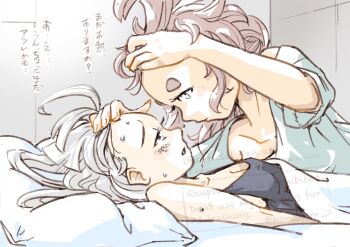 2girls absurdres black_camisole blue_shirt blush breasts camisole commentary_request green_eyes grey_eyes gundam gundam_suisei_no_majo highres kon_osm miorine_rembran multiple_girls parted_lips red_hair shirt sick small_breasts suletta_mercury sweat taking_temperature translation_request white_hair yuri