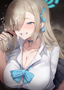 1girl absurdres asuna_(blue_archive) asuna_(school_uniform)_(blue_archive) bar_censor black_choker blonde_hair blue_archive blue_eyes blue_nails blue_ribbon breasts censored choker collarbone commentary_request cum cum_on_hair hair_ribbon hairjob halo handjob heart highres huge_breasts looking_at_another oiru_(613) penis pleated_skirt ribbon school_uniform shirt skirt smile solo white_shirt