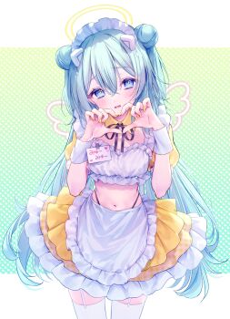 Rule 34 | 1girl, absurdres, apron, black ribbon, blue eyes, commentary, commission, cowboy shot, crop top, double bun, frilled apron, frilled skirt, frills, garter straps, green hair, hair bun, halo, heart, heart background, heart hands, highres, long hair, maid headdress, melt pillow, mew mew (melt pillow), midriff, nail polish, name tag, navel, neck ribbon, nonomiya (817nono), puffy short sleeves, puffy sleeves, ribbon, short sleeves, skeb commission, skirt, solo, thighhighs, untranslatable commentary, very long hair, virtual youtuber, waist apron, white apron, white thighhighs, white wrist cuffs, wings, wrist cuffs, yellow collar, yellow nails, yellow skirt