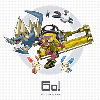 1girl blonde_hair btmr_game crossover dark_skin dynamo_roller_(splatoon) fangs gen_1_pokemon gen_3_pokemon gold_footwear gold_jacket headphones highres holding inkling inkling_girl inkling_player_character jacket long_sleeves magnemite manectric minun nintendo one_eye_closed plusle pokemon pokemon_(creature) sharp_teeth shoes shorts simple_background sneakers splatoon_(series) symbol-shaped_pupils teeth tentacle_hair yellow_eyes