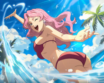 1girl absurdres bikini black_clover black_clover_m:_rise_of_the_wizard_king blue_sky breasts cloud day highres large_breasts long_hair looking_at_viewer non-web_source official_alternate_costume official_art one_eye_closed open_mouth outdoors palm_tree pink_hair purple_eyes red_bikini sky solo swimsuit tree vanessa_enoteca water