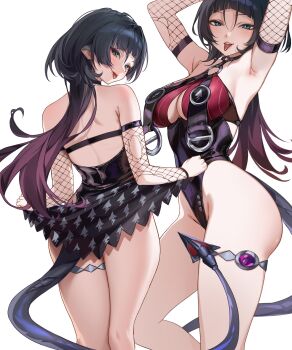 1girl animal_ears armpits arms_up black_hair black_one-piece_swimsuit black_sarong breast_curtains breasts choker fishnet_sleeves fishnets from_behind green_eyes hashtag-only_commentary highres jane_doe_(nocturne_of_light)_(zenless_zone_zero) jane_doe_(zenless_zone_zero) large_breasts long_hair looking_at_viewer mouse_ears mouse_girl mouse_tail multiple_views o-ring o-ring_choker o-ring_swimsuit official_alternate_costume one-piece_swimsuit red_one-piece_swimsuit ricin sarong sharp_tail simple_background swimsuit tail thighs tongue tongue_out two-tone_one-piece_swimsuit white_background zenless_zone_zero