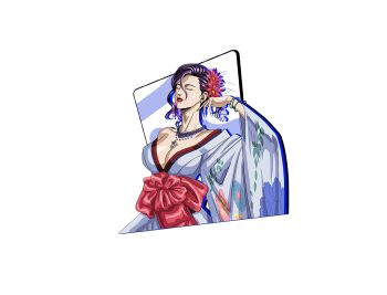 1girl black_hair game_cg hara_tetsuo japanese_clothes kimono long_hair m_hold’em official_art solo tachi-e