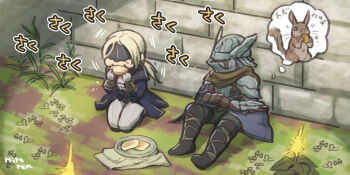 armor blindfold_mask blonde_hair chibi duchess_(elden_ring) eating elden_ring elden_ring_nightreign full_body helmet imagining mask pen_(mipe) rabbit seiza sitting wylder_(elden_ring)